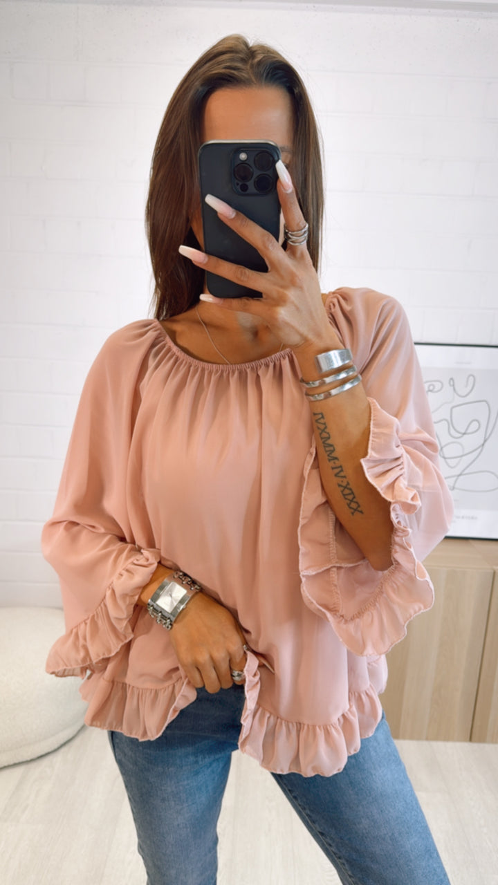 Chiffon Bluse mit Volant Applikationen / puder - rosa Art. 9352