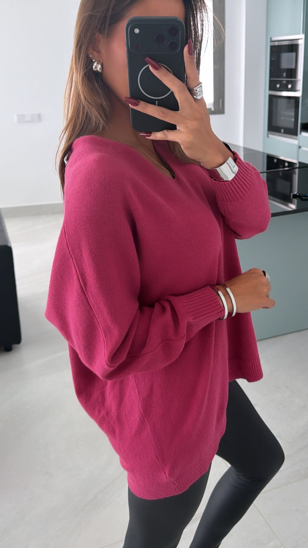 Viskose Mix Pullover mit V-Ausschnitt / pink-Beere Art. 16243