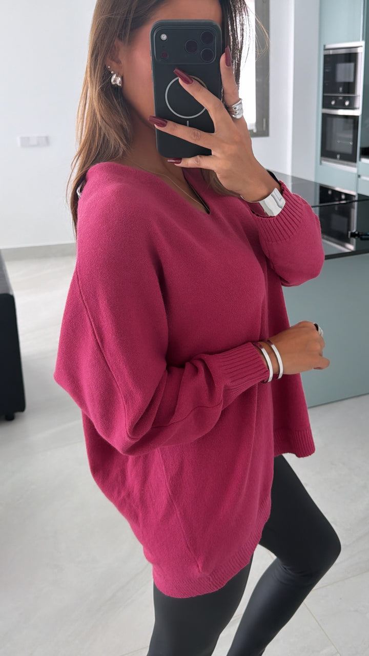 Viskose Mix Pullover mit V-Ausschnitt / pink-Beere Art. 16243