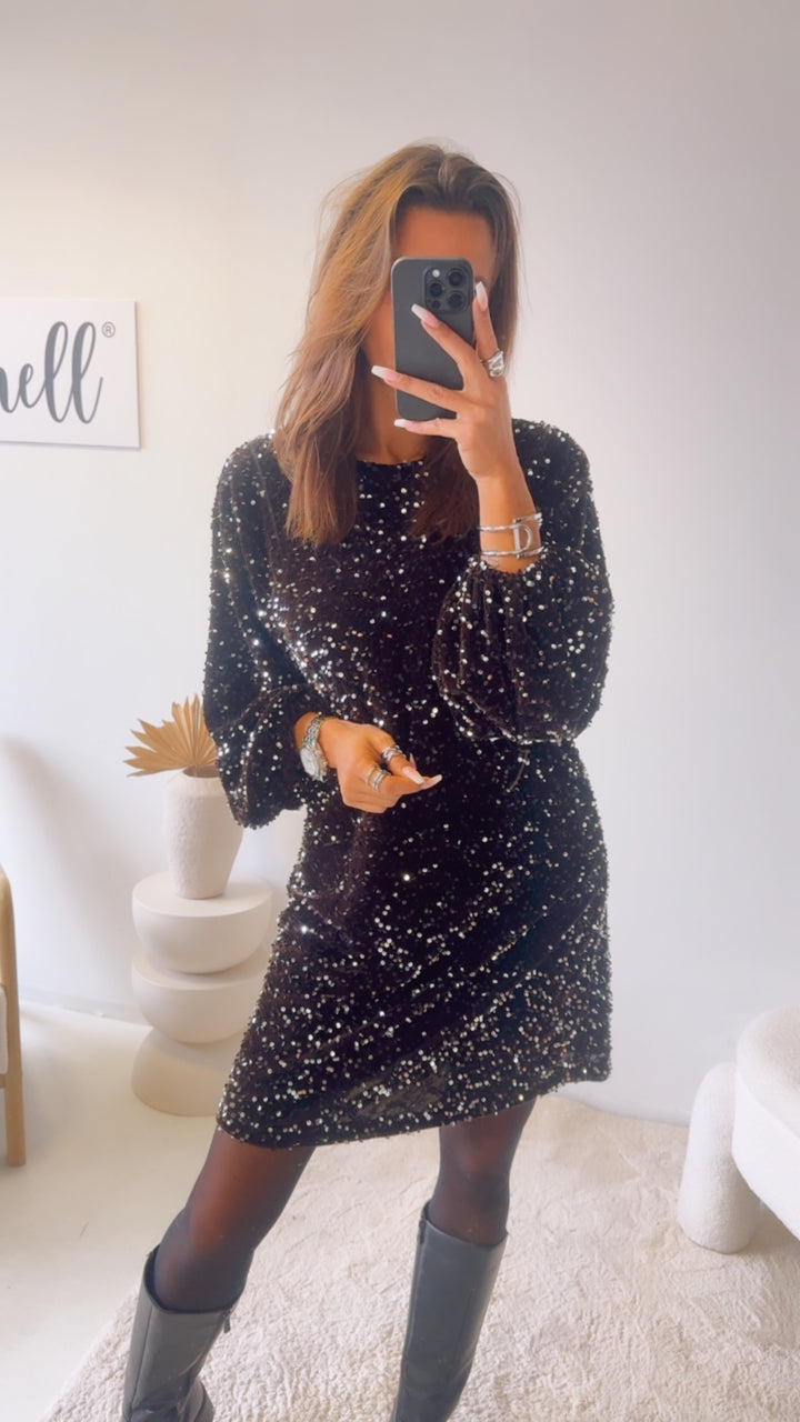 Festtags Kleid mit Struktur und Pailletten / braun - silber Art. 13187