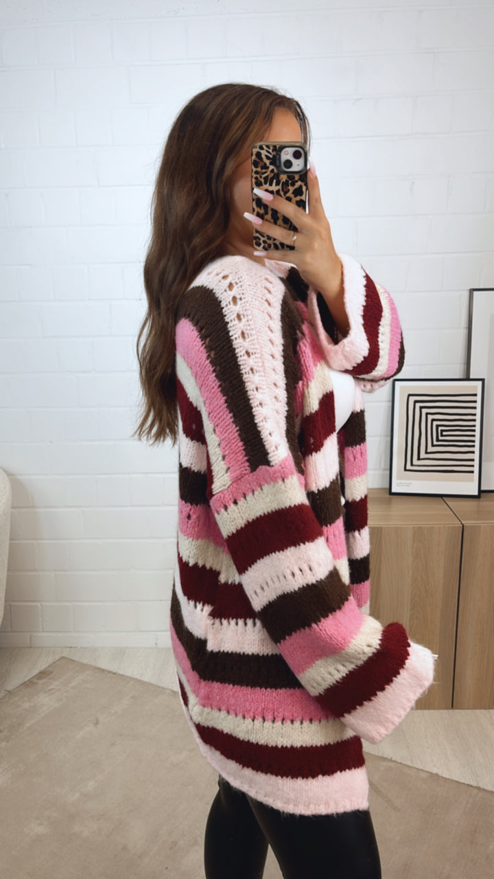 offener Cardigan mit Loch Strick Muster / braun - pink - rosa - weiss - rot Art. 12328