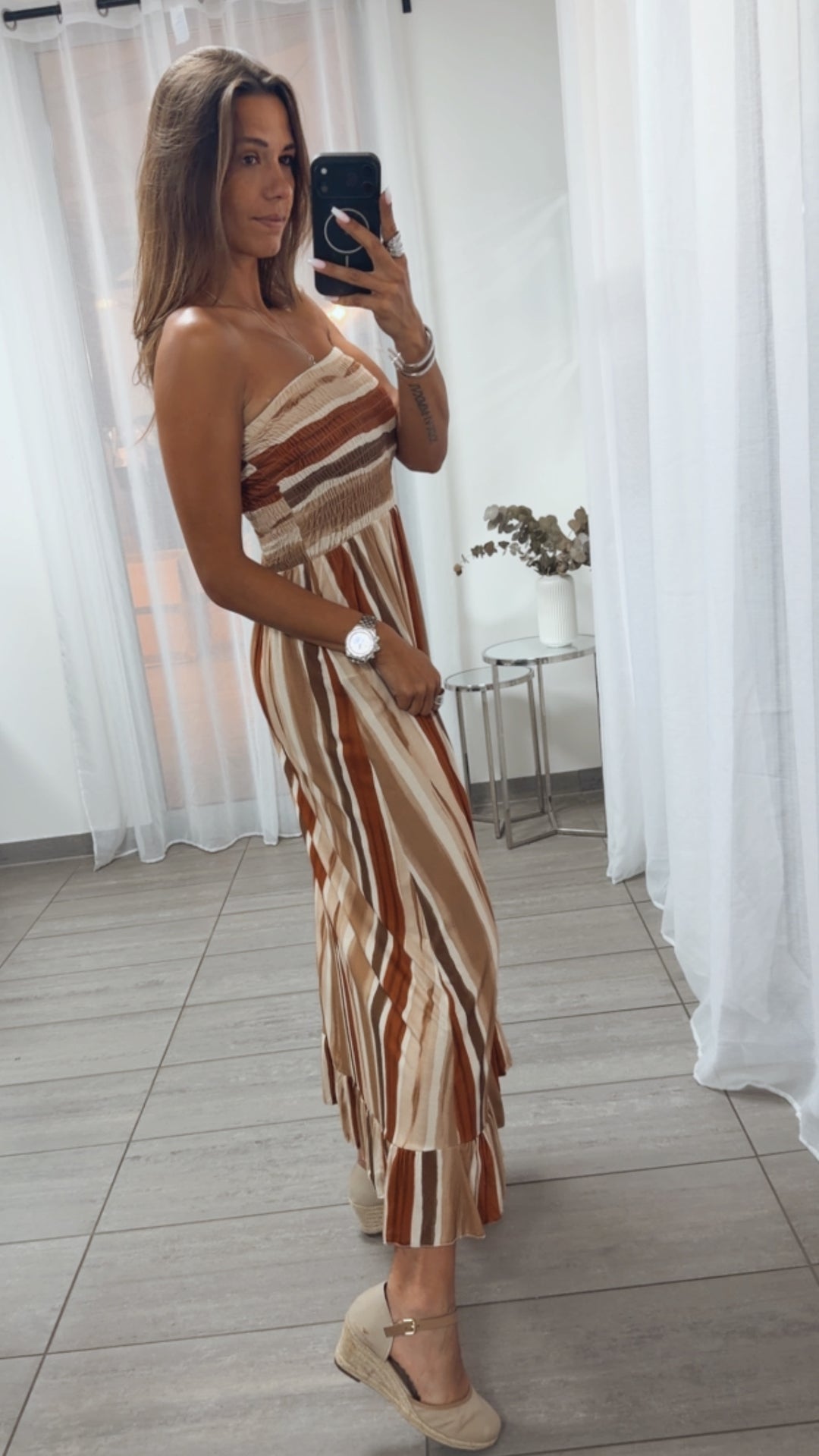 längeres Bandeau Kleid, gestreift / rost - creme - beige - braun Art. 15338