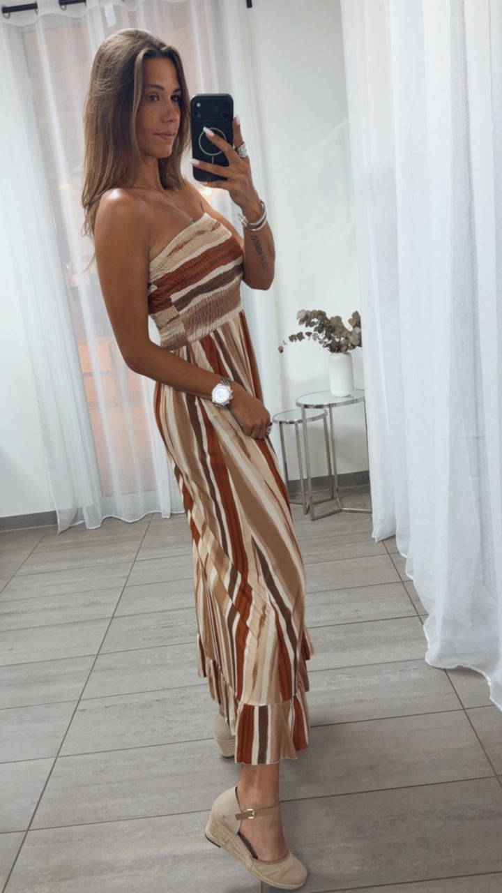 längeres Bandeau Kleid, gestreift / rost - creme - beige - braun Art. 15338