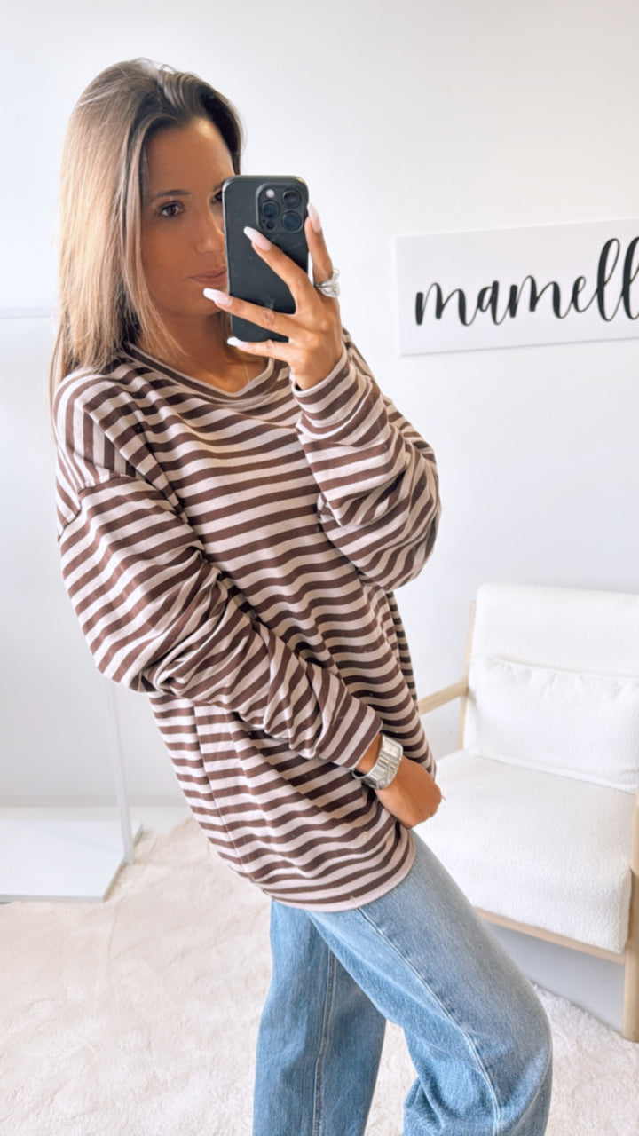 Gestreifter Sweat Pullover/ braun - taupe Art. 11268