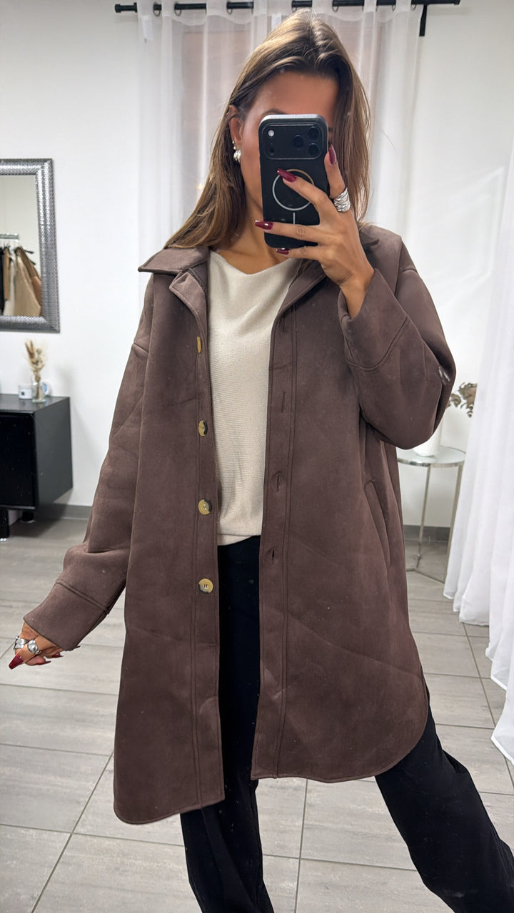 WILDLEDER OPTIK Long Jacke mit Taschen / braun Art. 16403