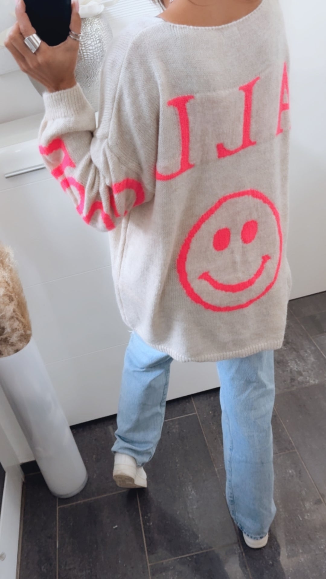 Backprint Strickpullover "it´s all good" / beige - neon pink Art. 14280