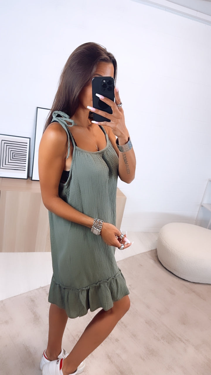 (Midi-) Musselin Kleid mit dünnen Trägern / khaki Art. 6198