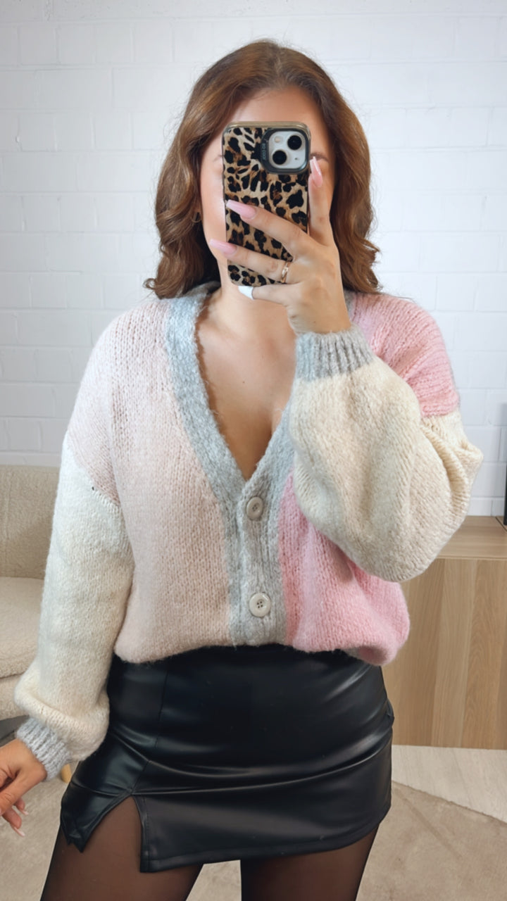 dreifarbiger Cardigan / hell grau - rosa - creme Art. 12611
