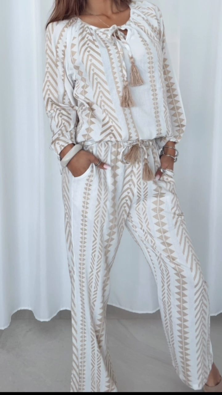 PREMIUM Summer Vibe Bluse mit Kordeln / weiss - beige Art.14586