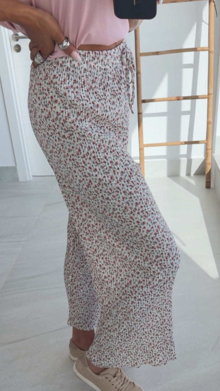 Leichte, plissierte Hose KLEINES BLUMEN Muster / Creme  Art. 15167