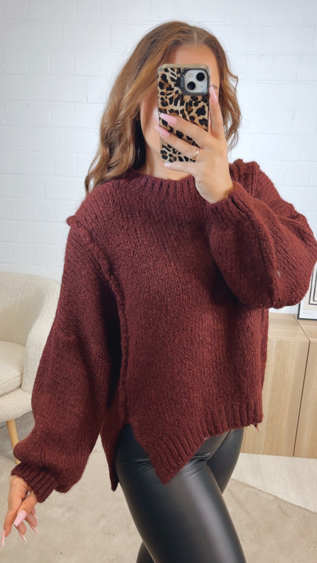 Strick Pullover, zweifacher Schlitz auf Vorderseite / bordeaux rot Art. 12507
