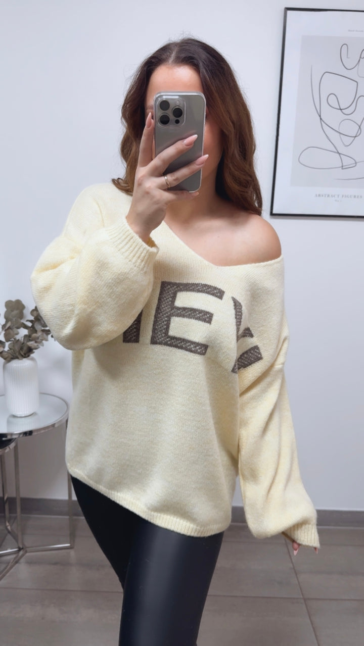 Strick Pullover " HEY ! " / soft gelb - taupe Art. 13150