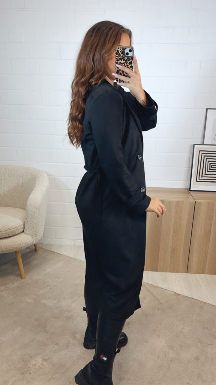 VELOURS Trenchcoat Mantel mit KNÖPFEN / schwarz Art. 12604