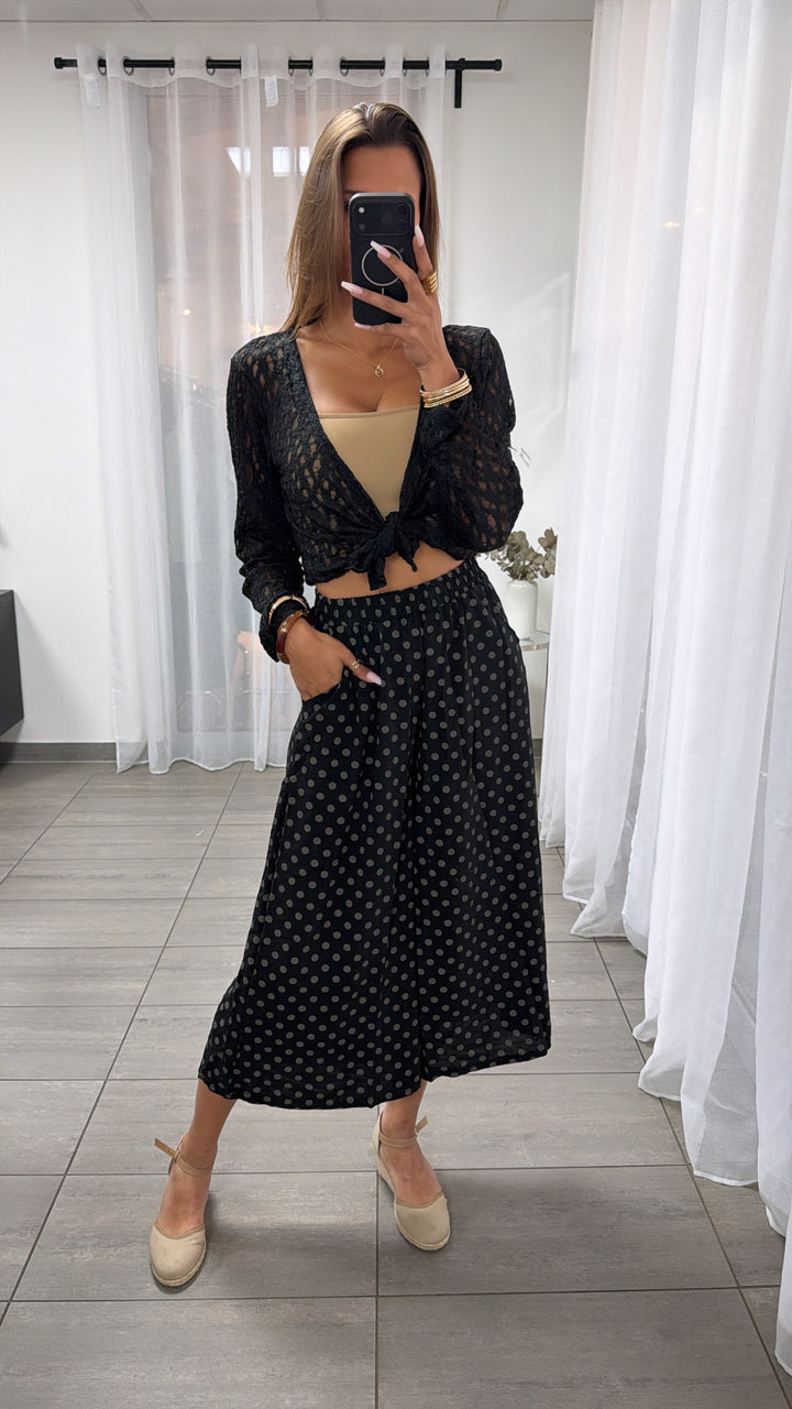 Punkte-Culotte mit Rock-Optik – luftige 3/4 Hose mit Taschen / schwarz - Khaki Art.15142