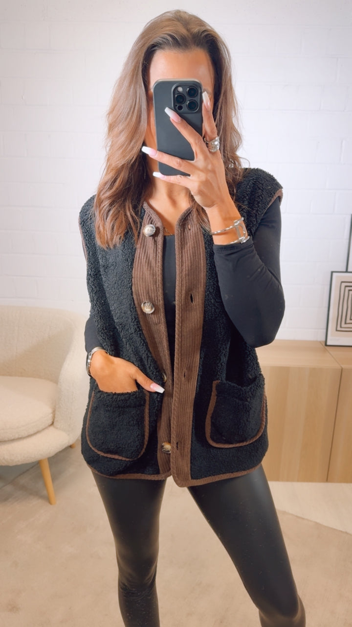 TEDDY Weste mit Cord Applikationen / schwarz - schoko braun Art. 13093