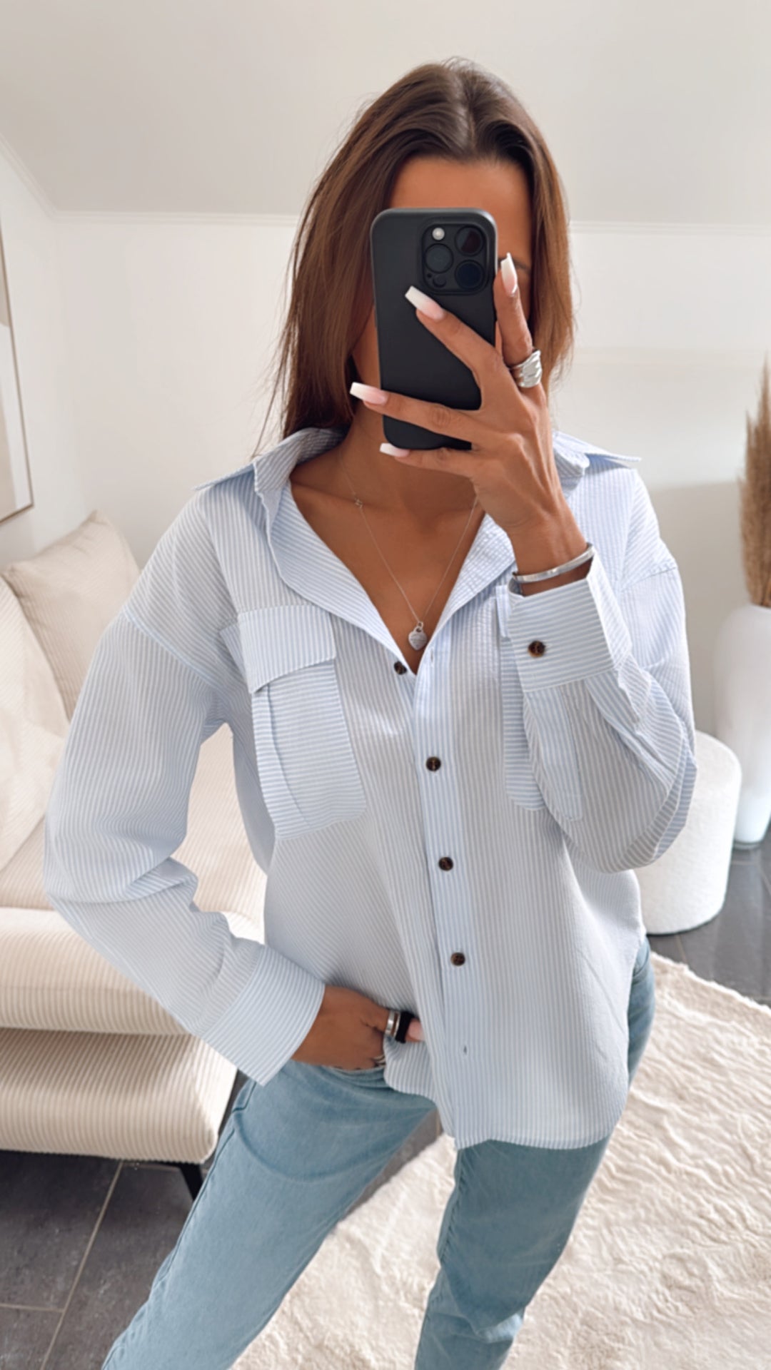 gestreifte Baumwoll Bluse / weiss - hell blau Art. 8591