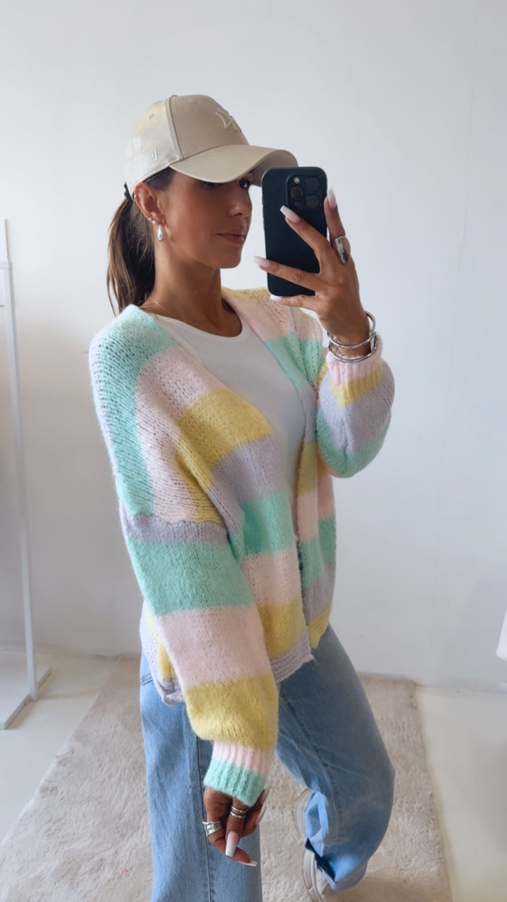 Offener Pastell Streifen Cardigan / flieder - light aqua - rosa - gelb Art. 14526