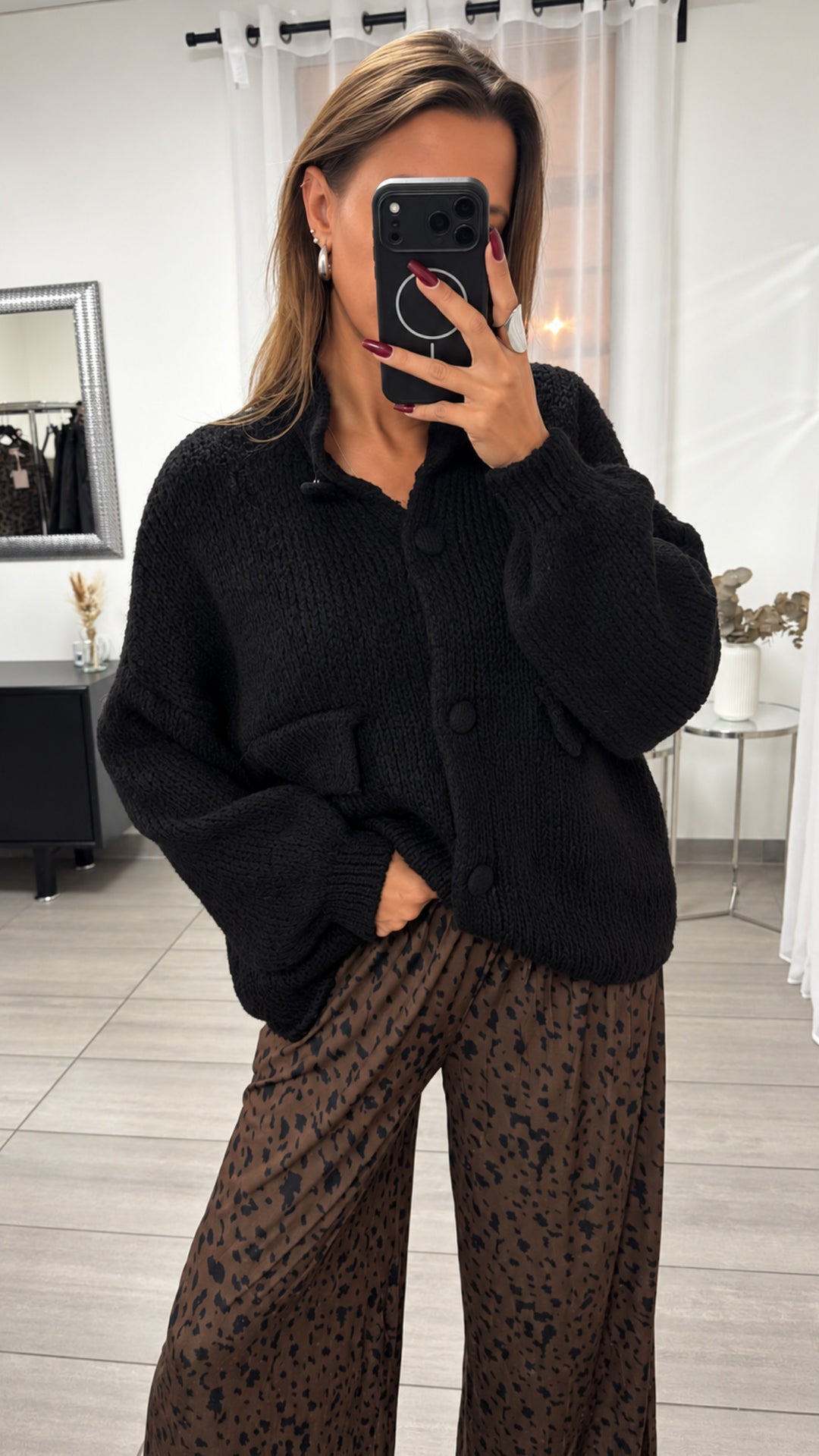Oversize Strick Cardigan mit Taschen, Strick Knöpfe / schwarz Art. 16456