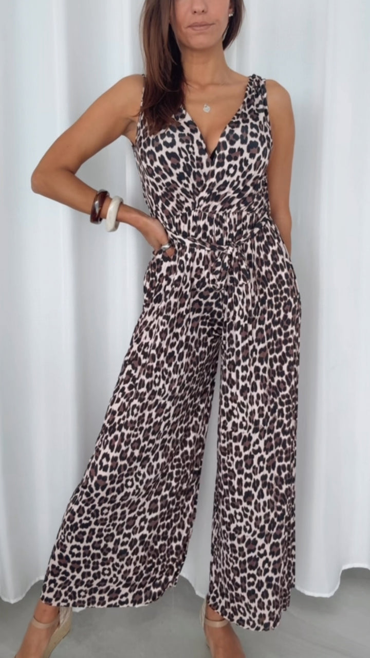 LEO langer Plissee Jumpsuit, schöner Ausschnitt / creme - braun - schwarz Art. 14317
