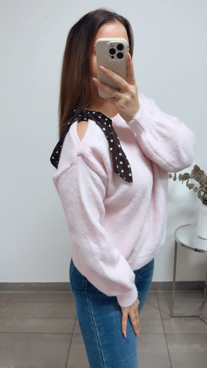 ONE SHOULDER Pullover, Punkte Schleife / soft rosa Art. 13819