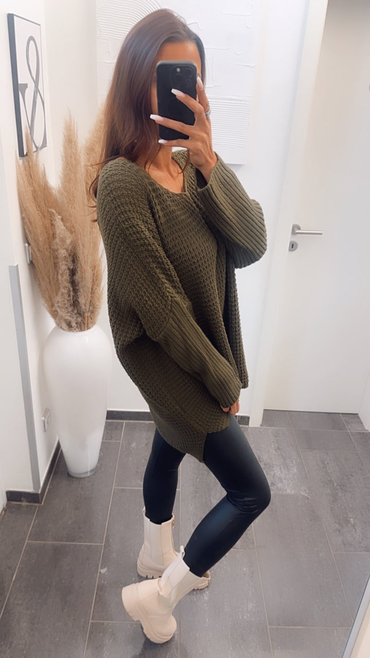 grober Strick Pullover, engere Ärmel, V-Ausschnitt / khaki Art. 7561