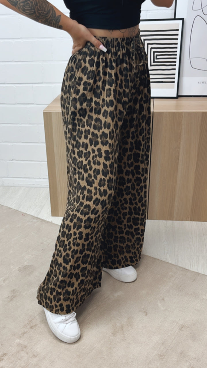 LEO lockere, lange Musselin Hose / camel - schwarz - braun Art. 10674