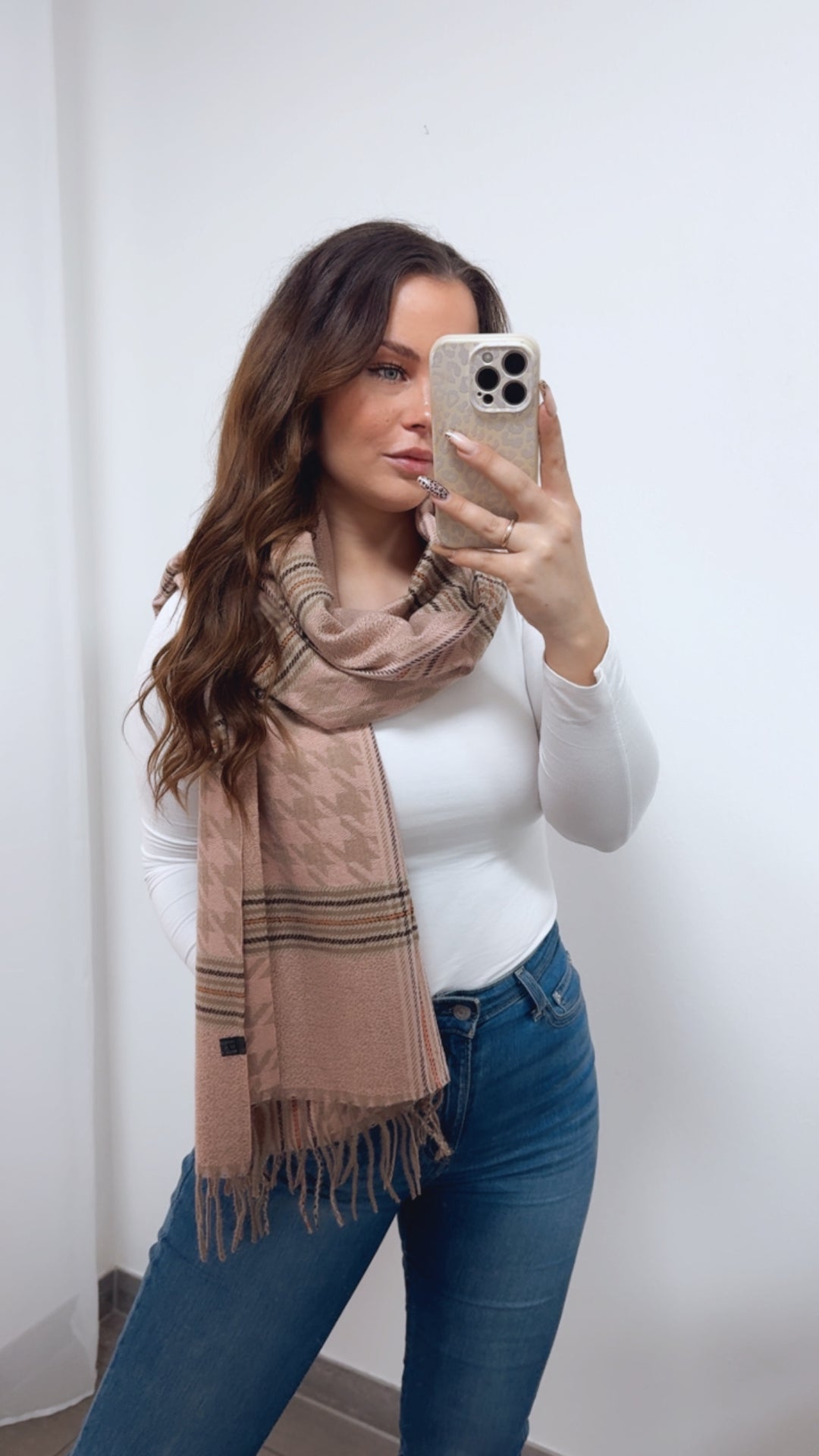 Statement Schal – Mix aus Streifen & Hahnentritt / rosa - taupe - orange Art. 14357