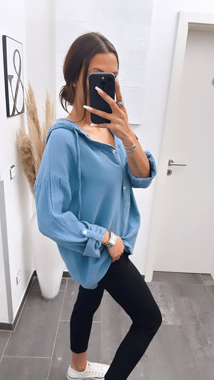 Kapuzen Musselin Bluse / taubenblau Art. 6061