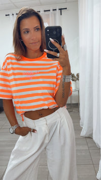 breite STREIFEN Shirt " LDV" / neon orange - weiss Art. 15814