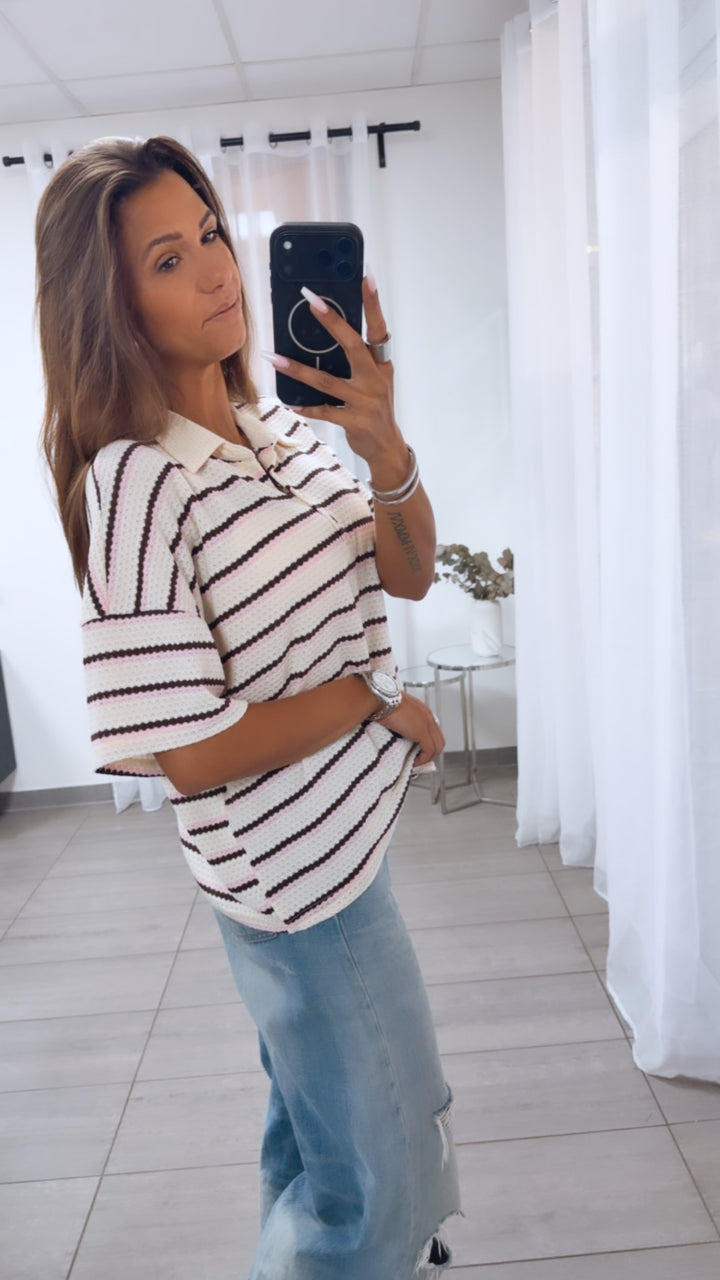 gestreiftes Strick oversize T-shirt mit Kragen/  Creme-rosa-braun Art.15188