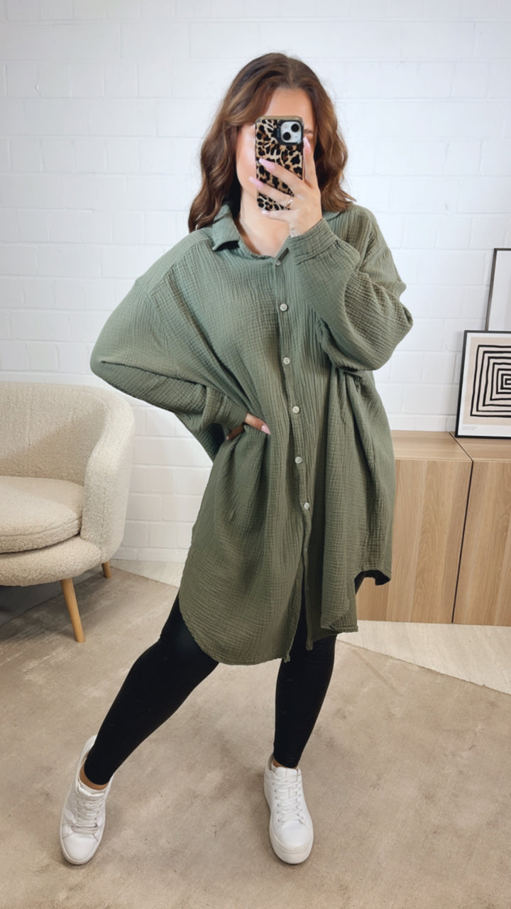 LANGE Oversize Musselin Bluse / khaki Art. 12465