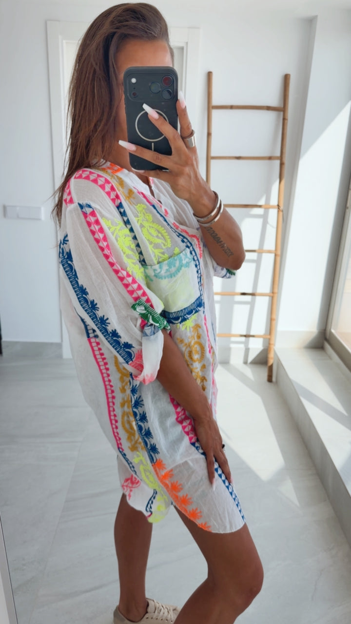 Ethno Muster/ Leichte Boho-Blusenkleid-Tunika mit Neon-Stickerei / Weiß Art.15111