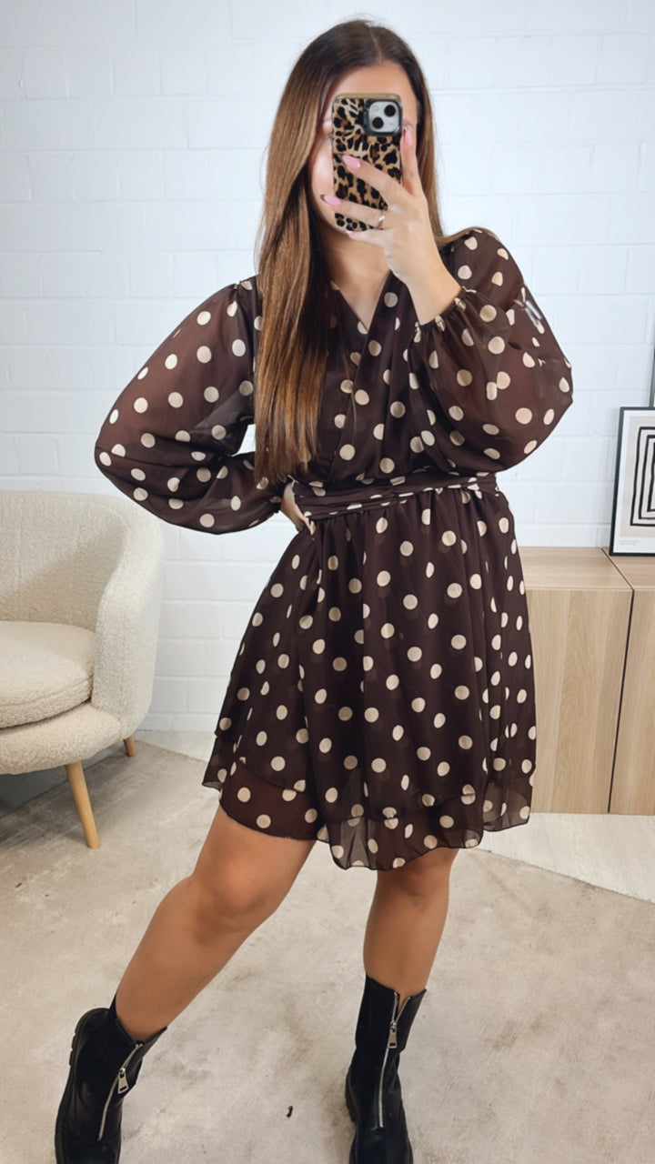 PUNKTE Chiffon Kleid / dunkel braun - creme Art. 12768
