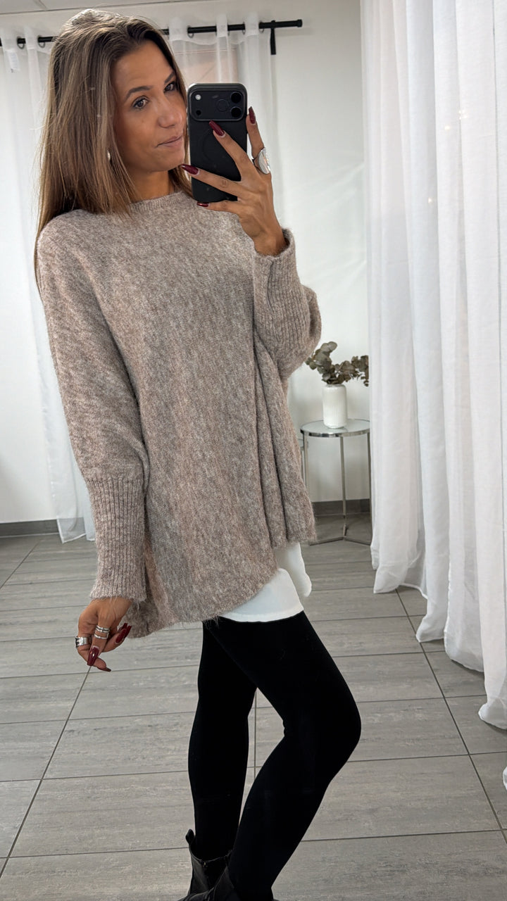 Cozy Oversize Pullover mit Fledermausärmeln / taupe - weiss meliert Art. 16507