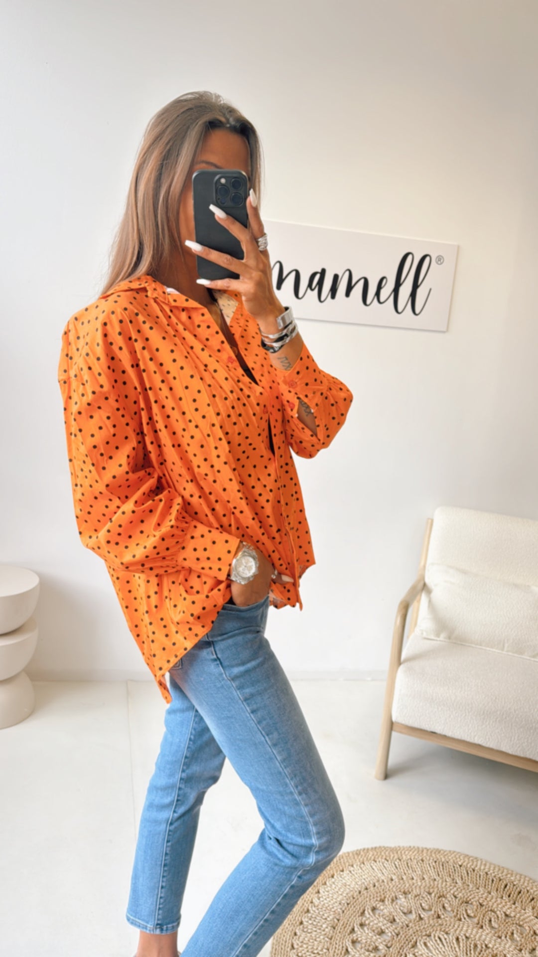 Bluse mit Punkten / orange - schwarz Art. 10533