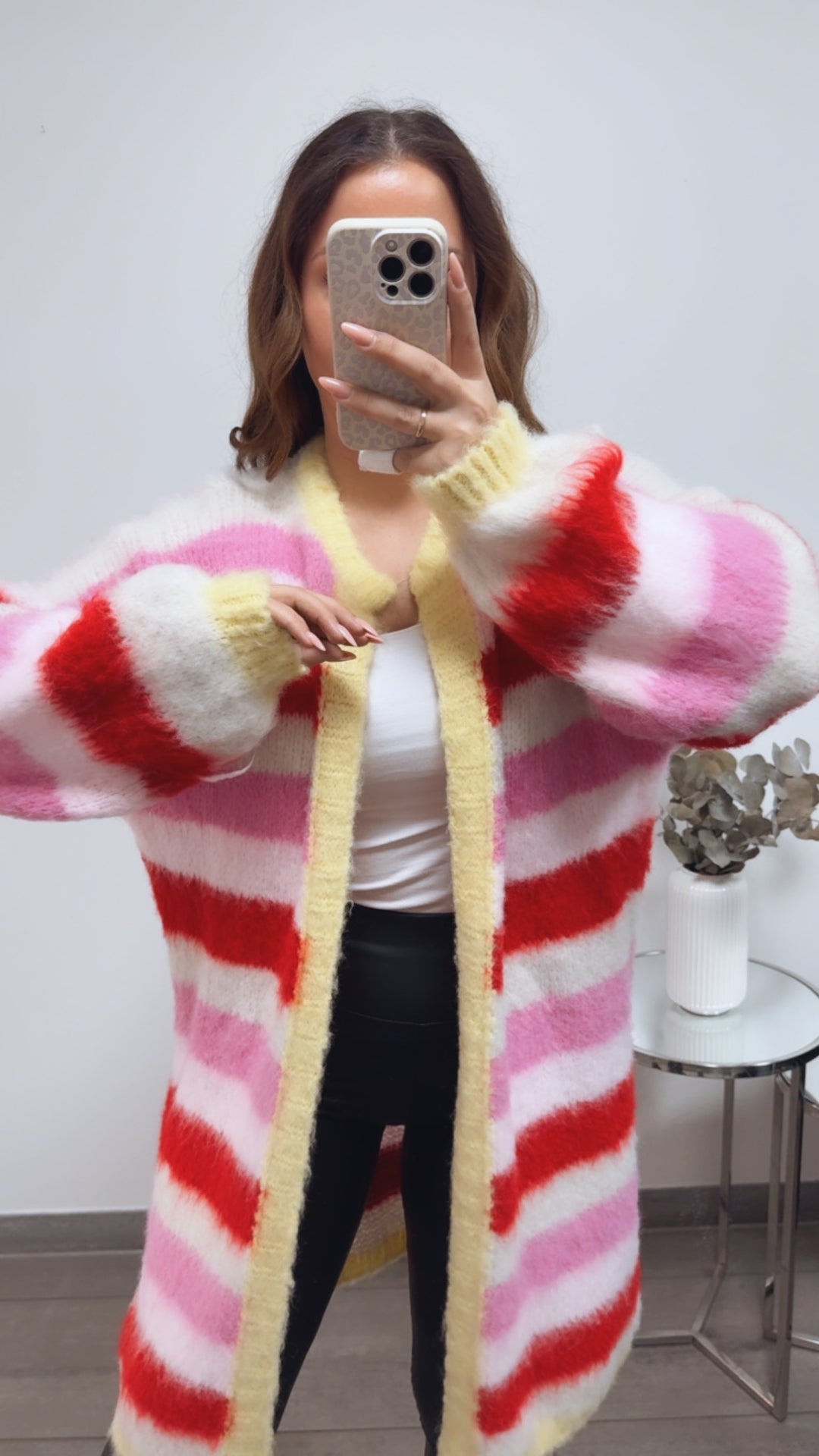 STREIFEN flauschiger, offener Cardigan / soft gelb - creme - pink - rosa - rot Art. 13571