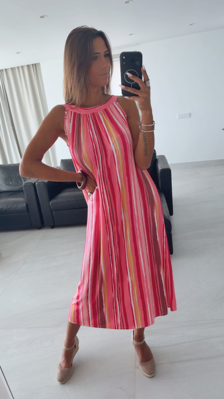 LINIEN Maxi A-Linien Kleid, Neckholder / pink - rosa - gelb - braun Art. 15991
