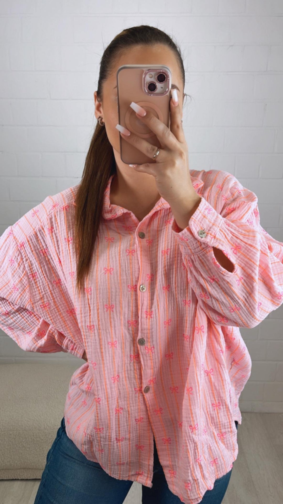 SCHLEIFEN - STREIFEN KURZE Oversize Musselin Bluse / rosa - neon orange - pink Art. 10182
