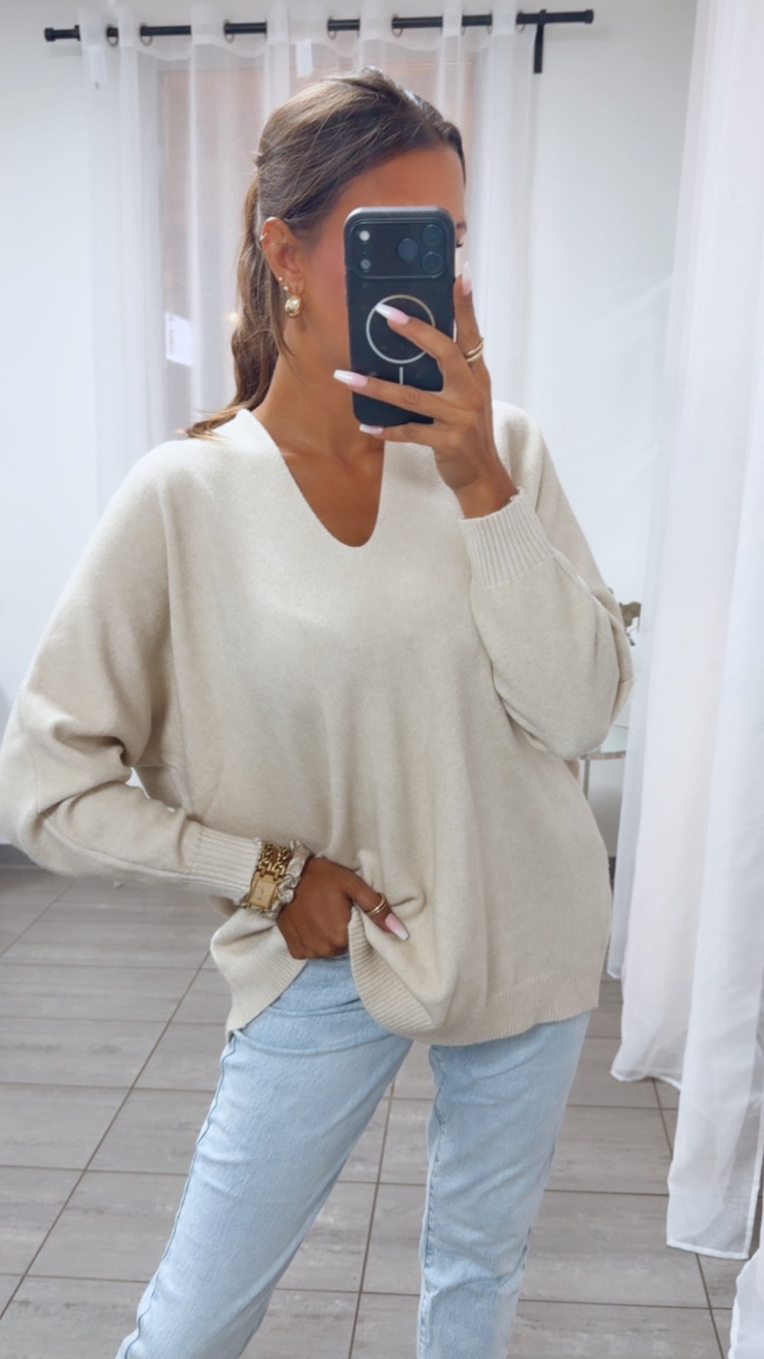 Viskose Mix Pullover mit V-Ausschnitt / beige Art. 16239
