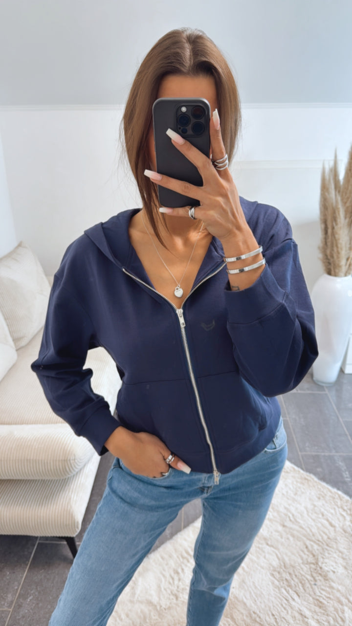 Kapuzen Strick Jacke, silberner Reißverschluss, Taschen / dunkel blau Art. 8744