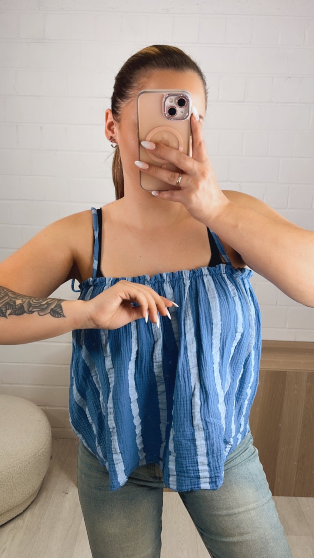 gestreiftes Musselin Oberteil, schnürbare Träger / denim - hell blau Art. 9926
