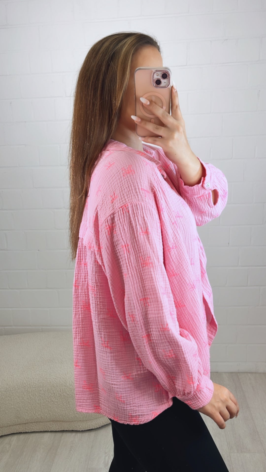 SCHLEIFEN KURZE Oversize Musselin Bluse / soft pink - neon pink Art. 10108