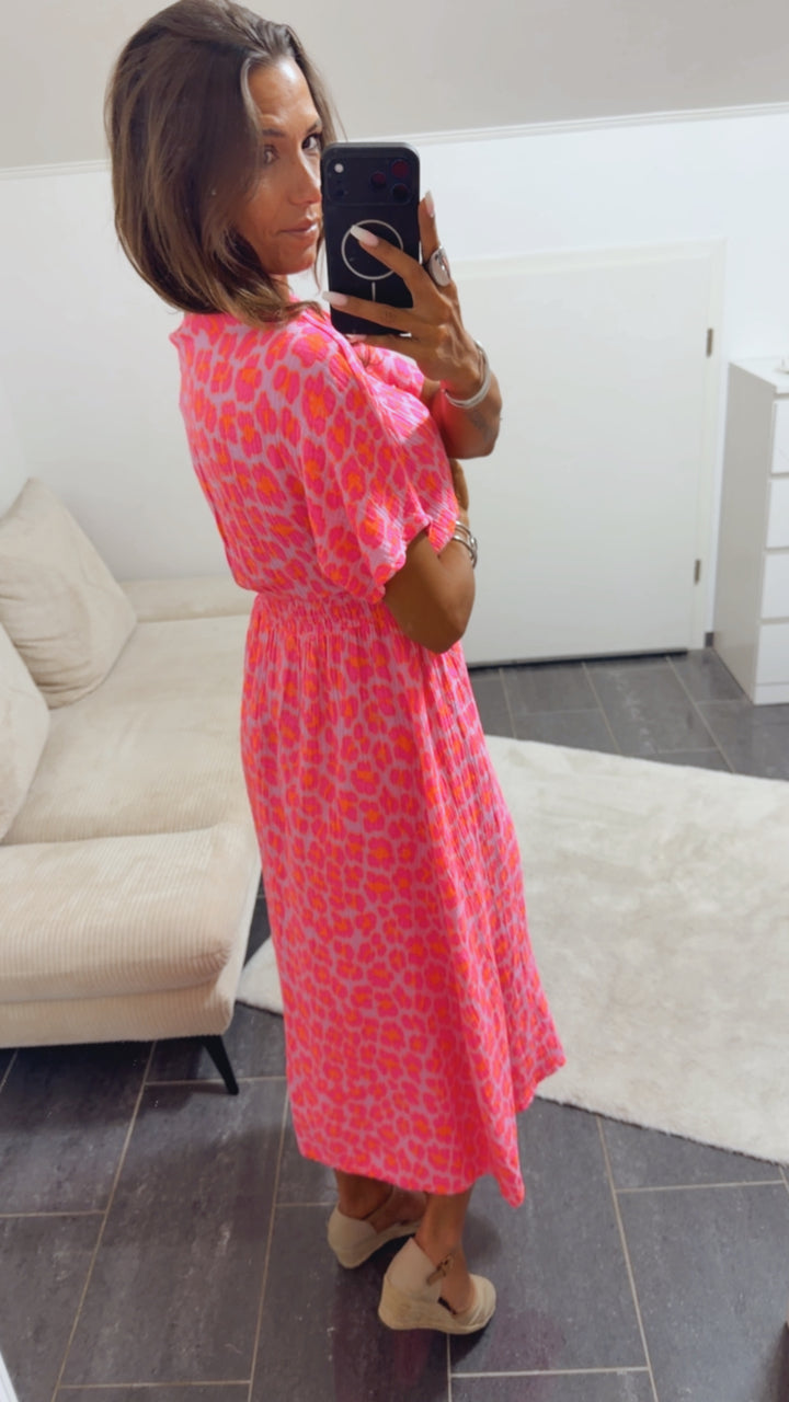 LEO Musselin Midi Sommerkleid, geraffte Taille / rosa - Neon pink - Neon orange Art. 15446