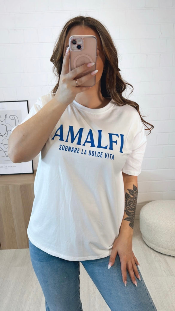 T-shirt mit Schriftzug / weiss - royal blau Art. 9402