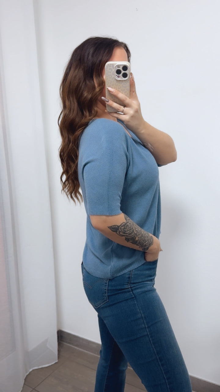 feines Strick Oberteil mit kurzen Armen / denim blau Art. 14398
