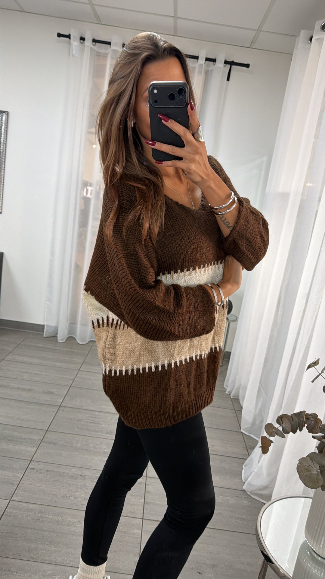 wollfreier BLOCKSTREIFEN oversize Strick Pullover, V-Ausschnitt / braun - beige - weiss Art. 16650