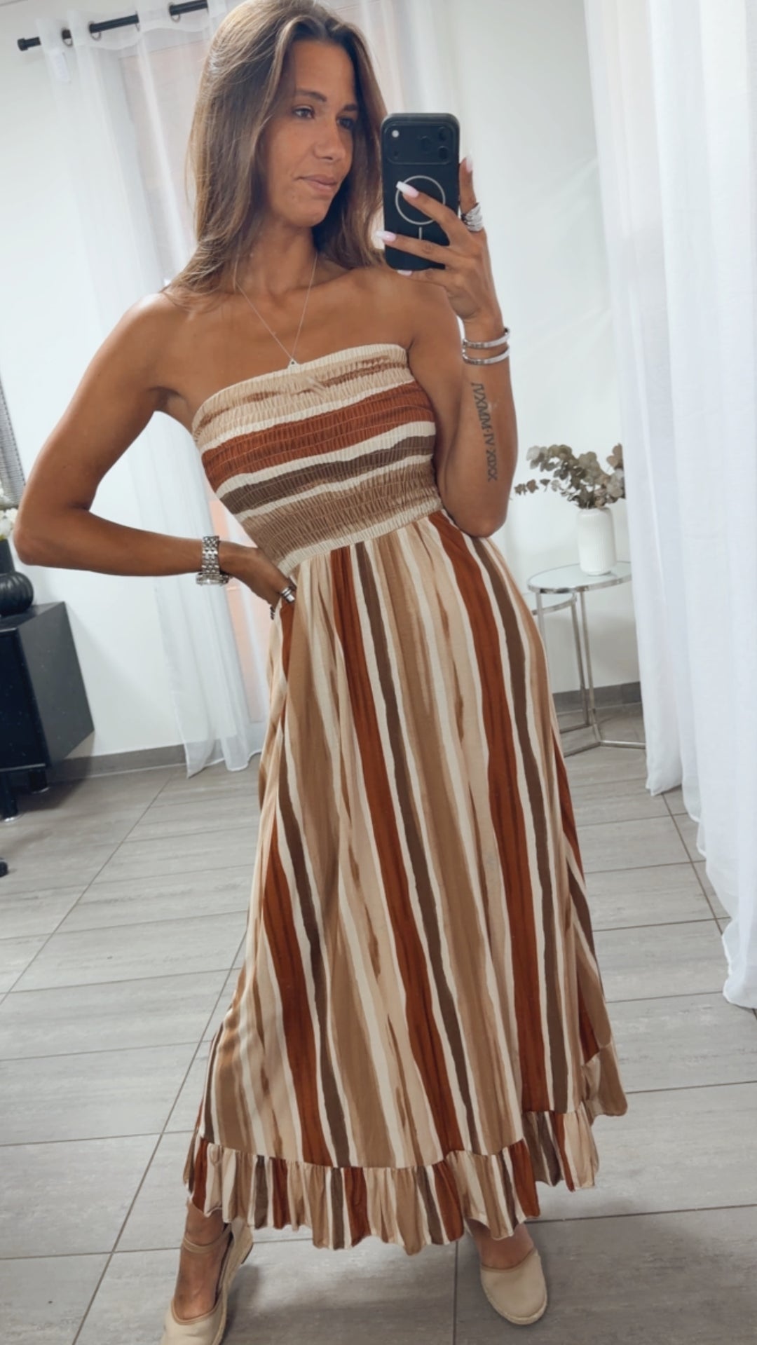 längeres Bandeau Kleid, gestreift / rost - creme - beige - braun Art. 15338
