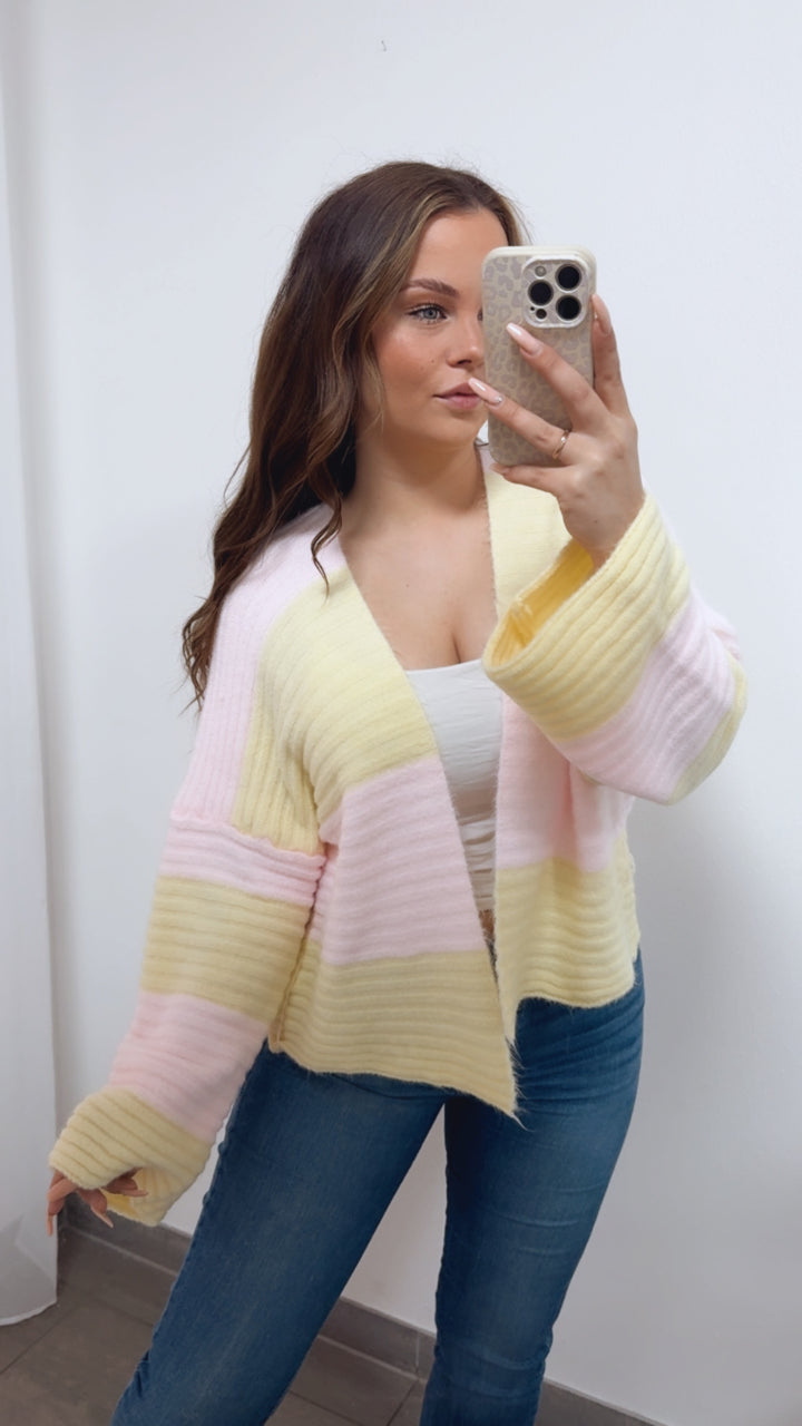 STREIFEN weiter, offener Cardigan / soft rosa - soft gelb Art. 14684