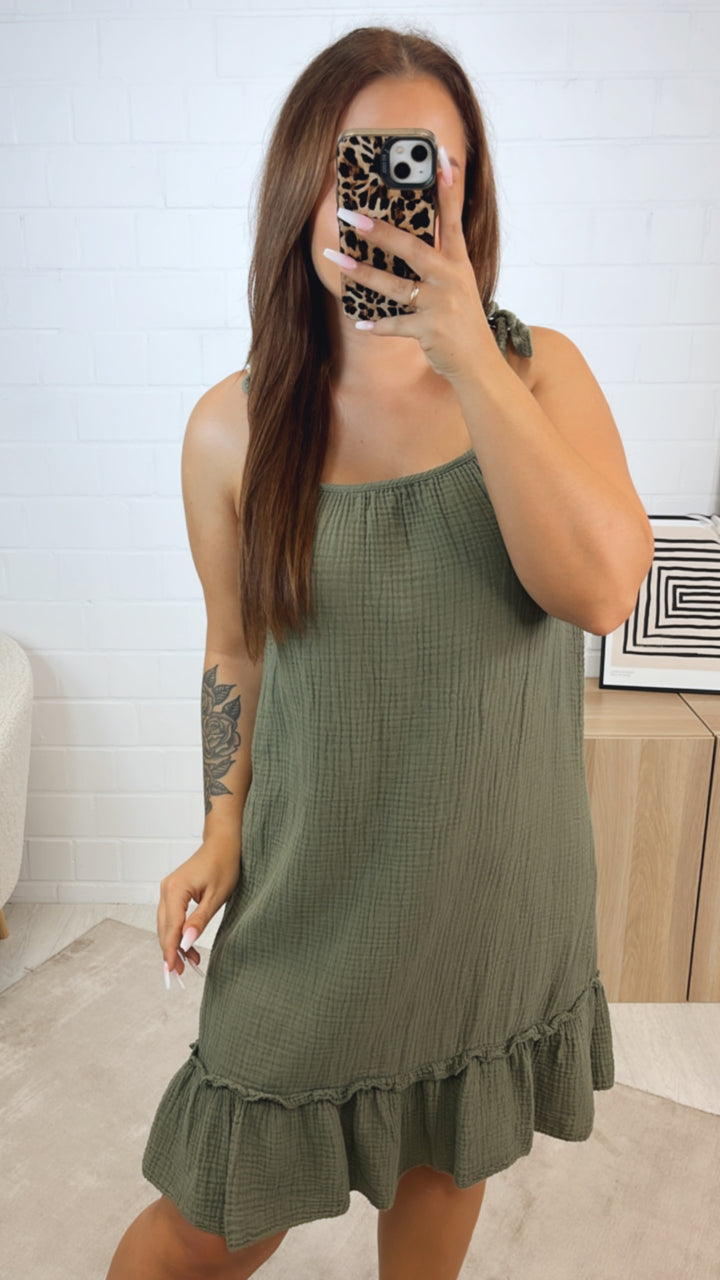(Midi-) Musselin Kleid mit dünnen Trägern / khaki Art. 12364
