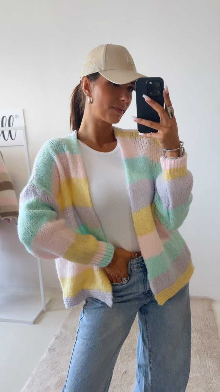 Offener Pastell Streifen Cardigan / flieder - light aqua - rosa - gelb Art. 14526